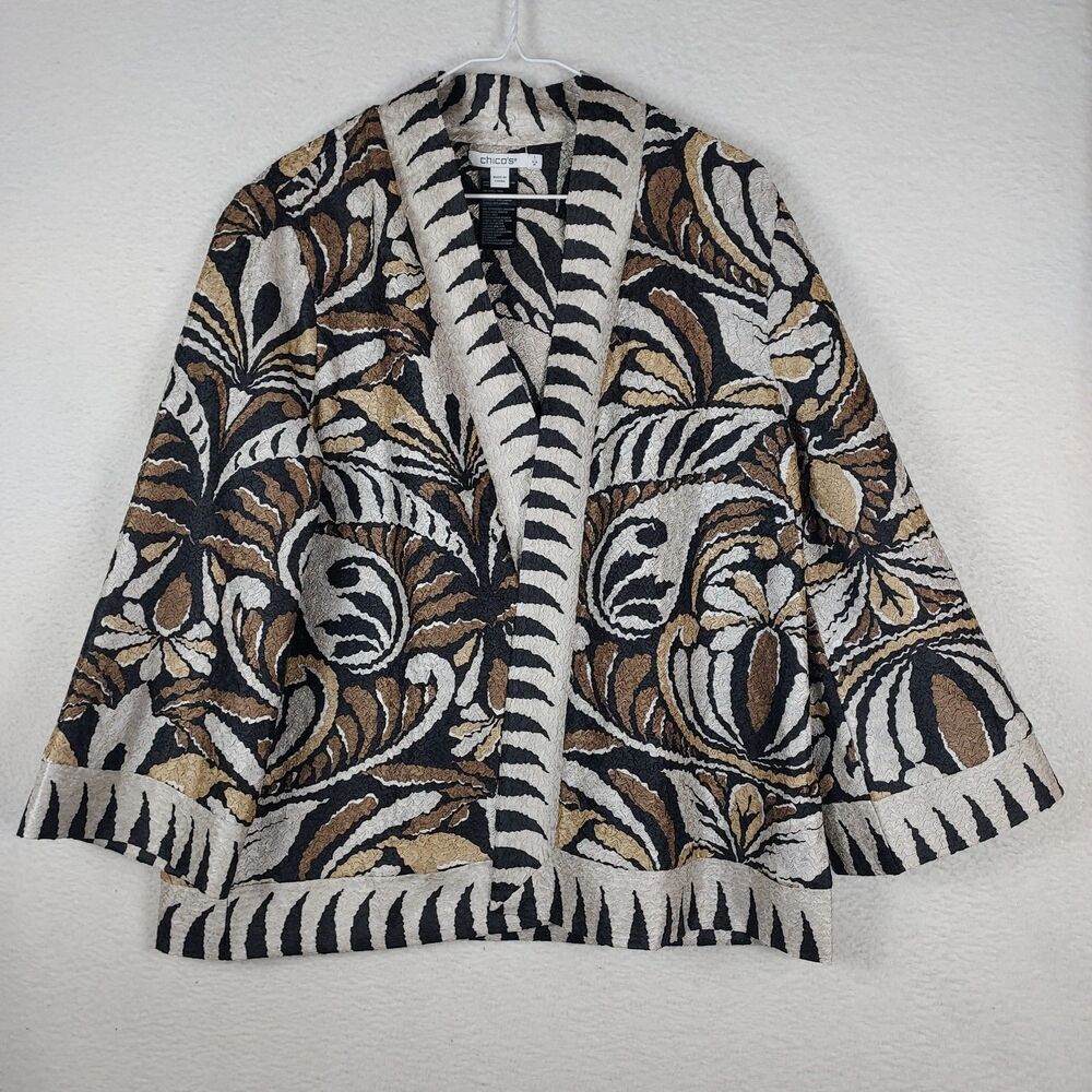 Chicos Textured Open Front Jacket Womens 1 Medium Abstract Print